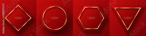 3D red luxury abstract background set. Golden lines decoration on bright space. Geometric shape bundle. Modern graphic design element high quality style concept for web, flyer, card, or brochure cover