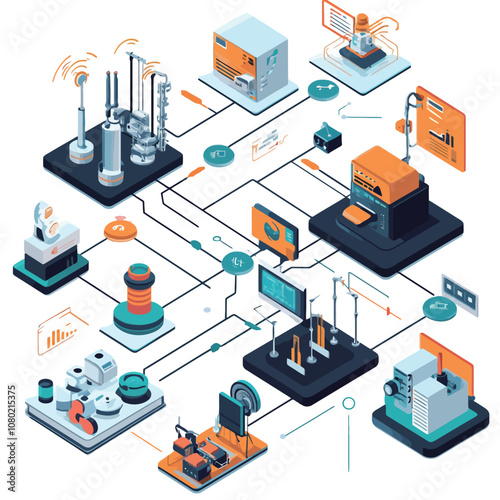 Smart factory isometric flowchart with control panel and icons vector illustration.eps