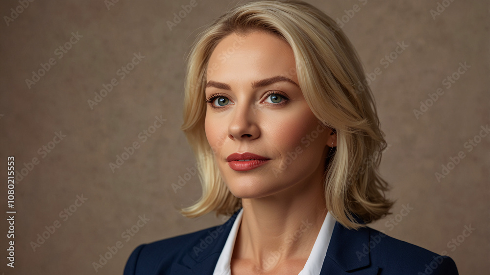 Strong-willed woman in a stylish blazer, portraying determination and poise against a neutral background. Strong-willed woman in a stylish blazer, portraying determination and poise against a neutral background.