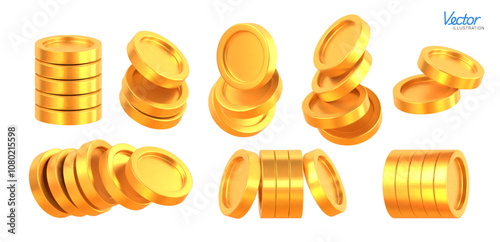 Set of Realistic Golden Coins stack. Blank Coin money stacked and flying isolated on white background. Gold cash currency for payment. Symbol of wealth, income and finance. Vector 3d illustration.