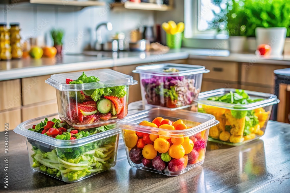 Aerial View of Four Clear Plastic Disposable Containers Stacked Neatly for Food Storage, Meal Prep, and Eco-Friendly Solutions in a Modern Kitchen Setting Aerial View of Four Clear Plastic Disposable Containers Stacked Neatly for Food Storage, Meal Prep, and Eco-Friendly Solutions in a Modern Kitchen Setting