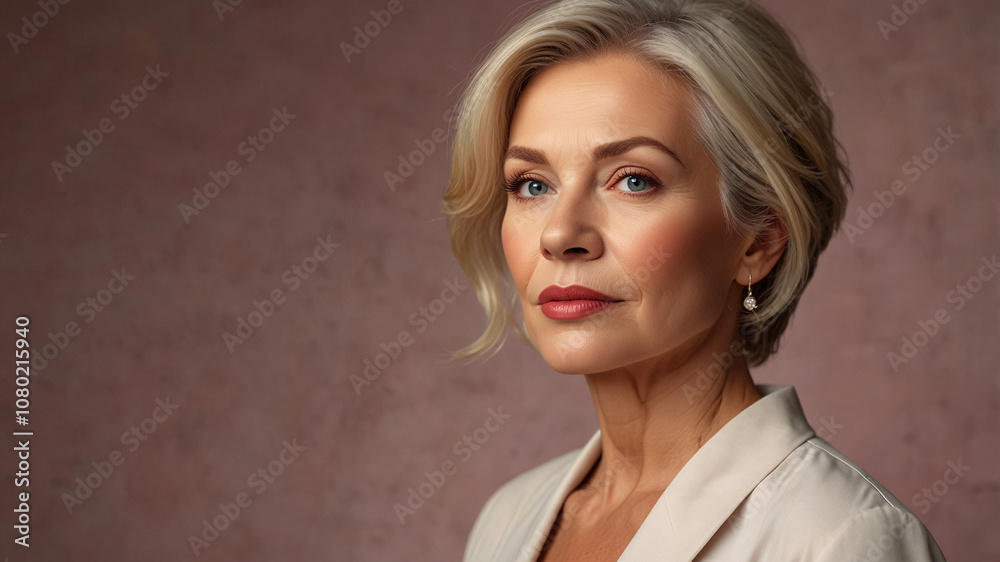 Profile of a mature woman with short blonde hair, elegant expression and pearl earring, looking to the side. Profile of a mature woman with short blonde hair, elegant expression and pearl earring, looking to the side.