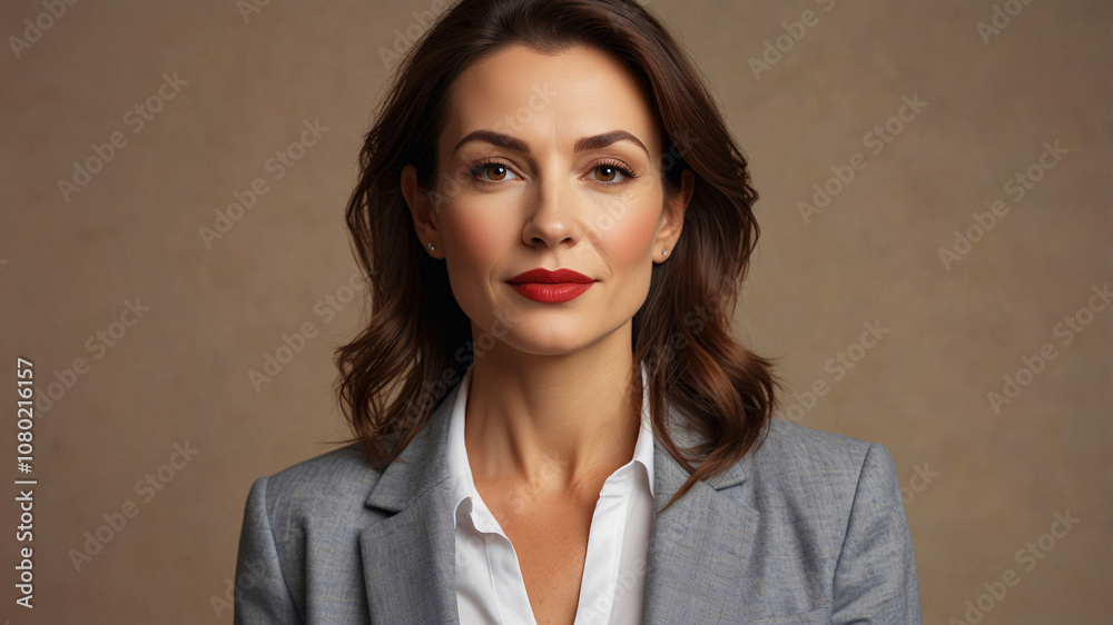 Confident woman in grey suit with red lipstick posing against neutral background in business attire. Confident woman in grey suit with red lipstick posing against neutral background in business attire.