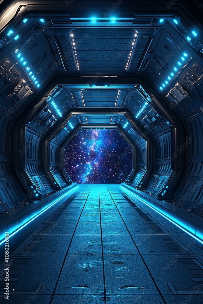 Obraz premium Sleek, futuristic spaceship corridor leading to the vastness of space, glowing with blue lights and stars outside