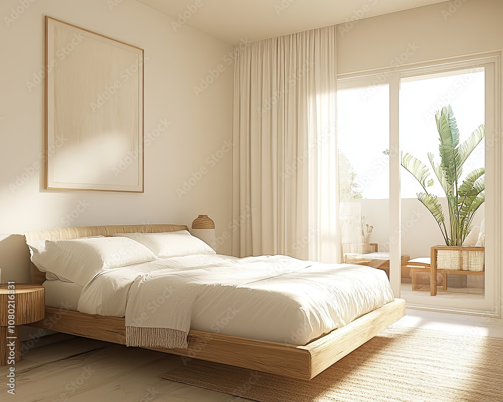 Fototapeta premium Neutral Bedroom with White Wall and Simple Linens for a Calm, Relaxing Space