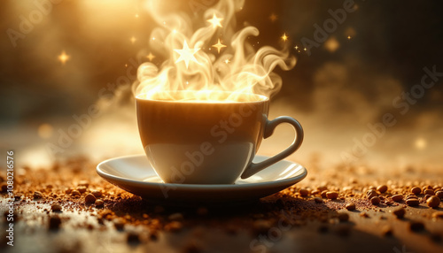 The image features a steaming cup of coffee on a table, with a touch of cinnamon, emphasizing the warm, aromatic atmosphere of a cozy café setting 