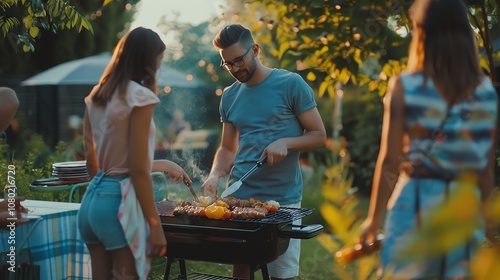 A group of friends having a barbecue in their backyard.