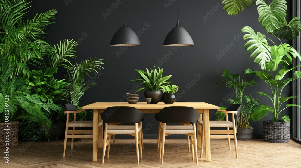 Fototapeta premium Stylish and botany interior of dining room with design modern home decor. Template.