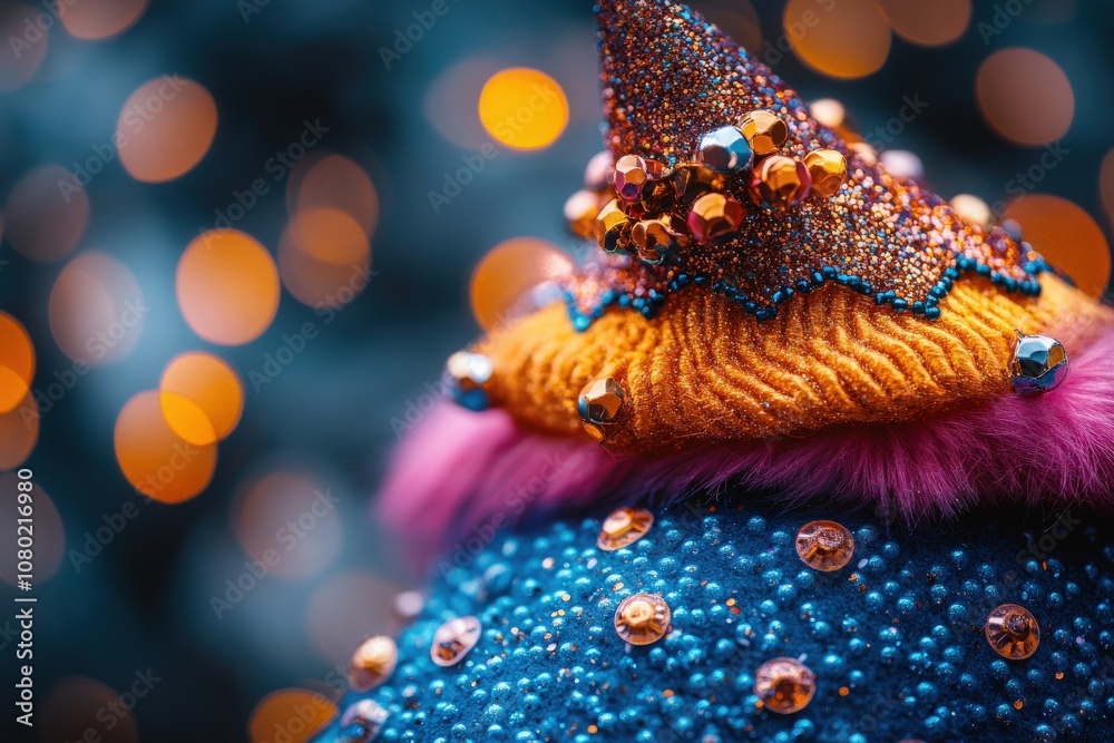 This festive party hat features an array of colorful beading and textures, creating a playful and joyful mood. It draws attention with its sparkling design, perfect for celebrations.