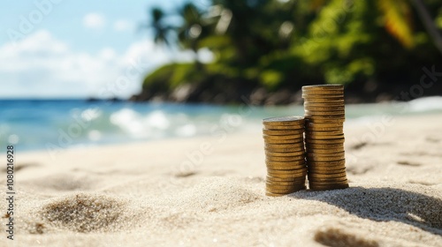 Two stacks of gold coins on a sandy beach with a tropical background. photo