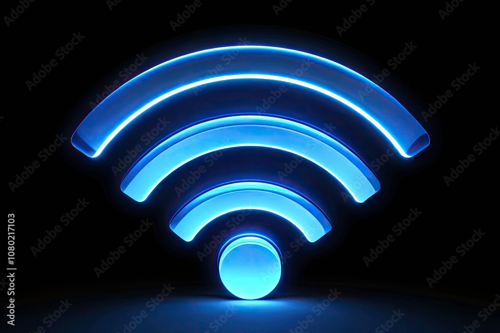 Blue Wi-Fi Symbol on Black Background - Digital Connectivity Icon, Tech Sign, Internet Access, Network Signal, Modern Technology, Wireless Communication, Cyber Connectivity Image Blue Wi-Fi Symbol on Black Background - Digital Connectivity Icon, Tech Sign, Internet Access, Network Signal, Modern Technology, Wireless Communication, Cyber Connectivity Image