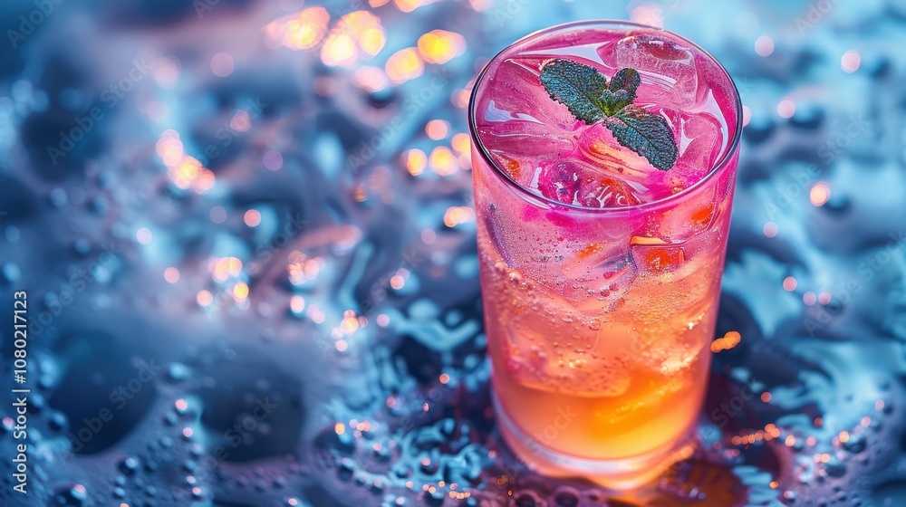 A Captivating Neon Pink Kombucha Fizz Drink with Mint Garnish in an Otherworldly Atmosphere, Showcasing the Milky Turmeric Essence and Ice Reflections A Captivating Neon Pink Kombucha Fizz Drink with Mint Garnish in an Otherworldly Atmosphere, Showcasing the Milky Turmeric Essence and Ice Reflections