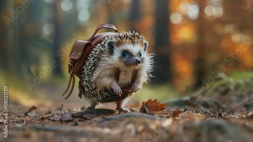 A cute hedgehog is carrying a yellow backpack in an autumn forest.