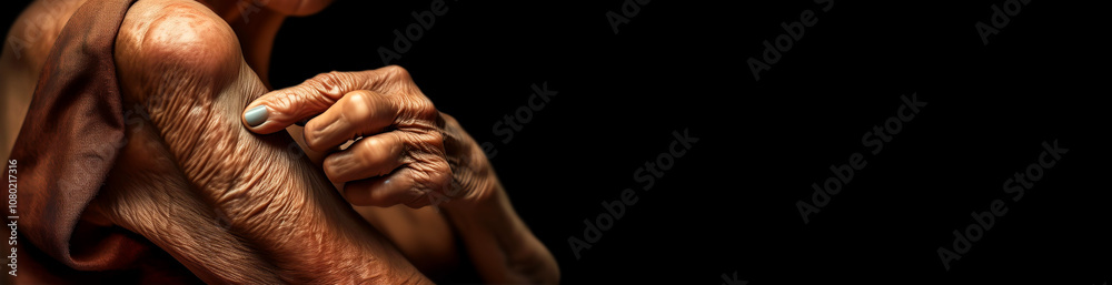 Fototapeta premium Extreme close-up of an elderly woman showing her loose skin or flab due to aging on her lower arm as she pinches it between her fingers. Isolated on black background with copy space. Generative Ai.
