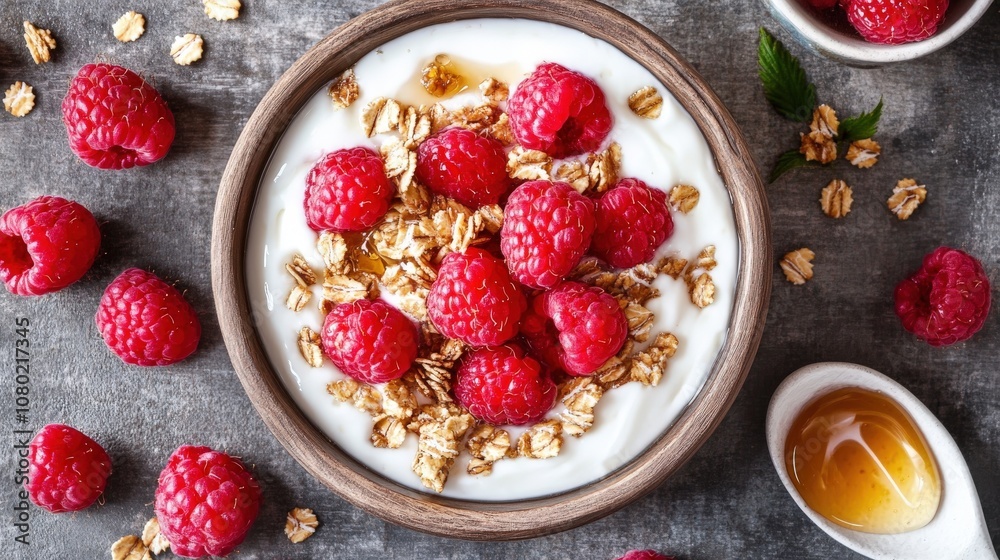 Top view of a yogurt bowl topped with fresh raspberries, granola, and a drizzle of honey Top view of a yogurt bowl topped with fresh raspberries, granola, and a drizzle of honey