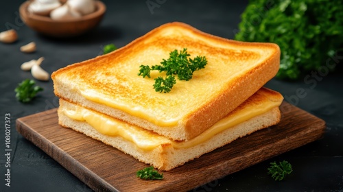 A delicious assortment of bread slices topped with cheese, chives, and garnishes, presented as a tasty breakfast or snack option photo