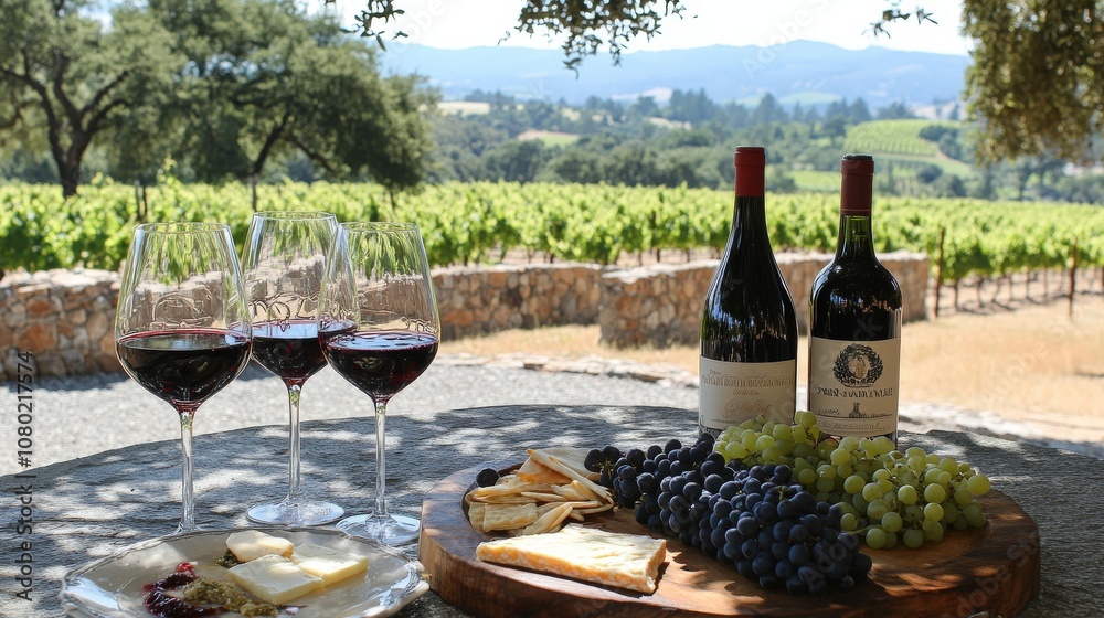Obraz premium Wine glasses and a bottle next to a plate of juicy grapes and cheese, set outdoors with a scenic vineyard view
