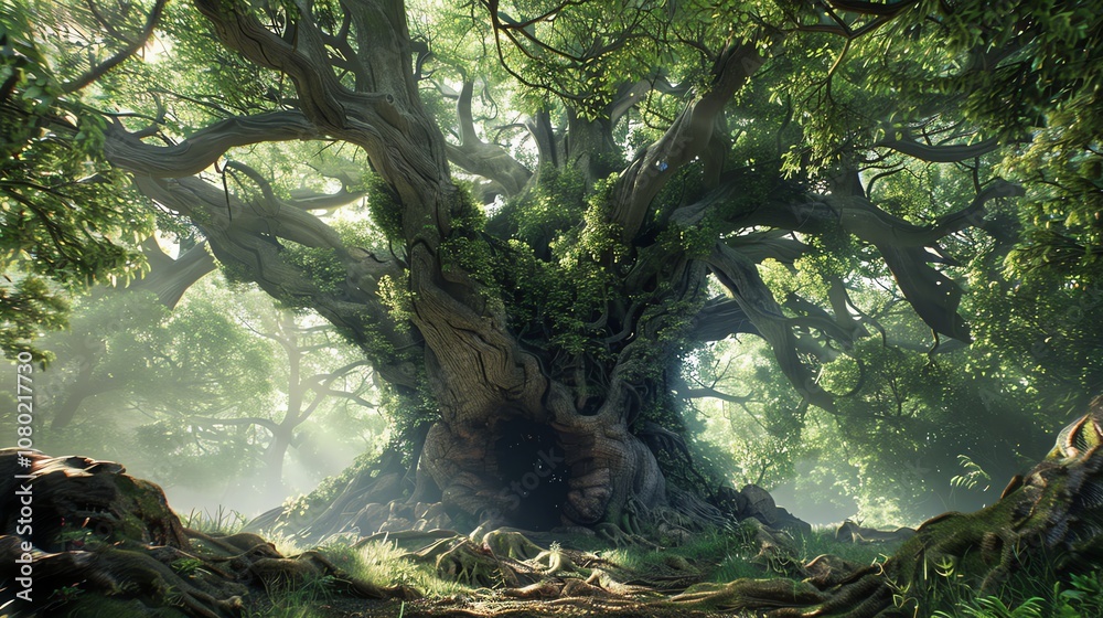 A massive, ancient tree with gnarled branches and exposed roots, standing in a lush forest. A massive, ancient tree with gnarled branches and exposed roots, standing in a lush forest.