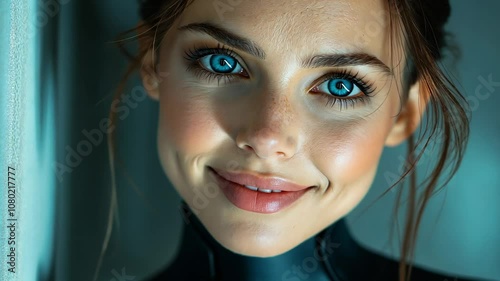 Facial portrait of a young blue eyed brunette with a natural beauty photo