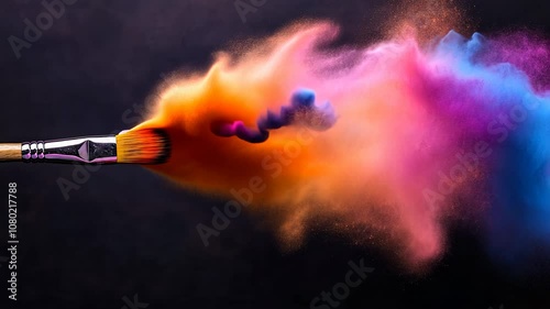 Paintbrush creating colorful powder explosion with hues on black background. Concept of creativity and artistic expression.