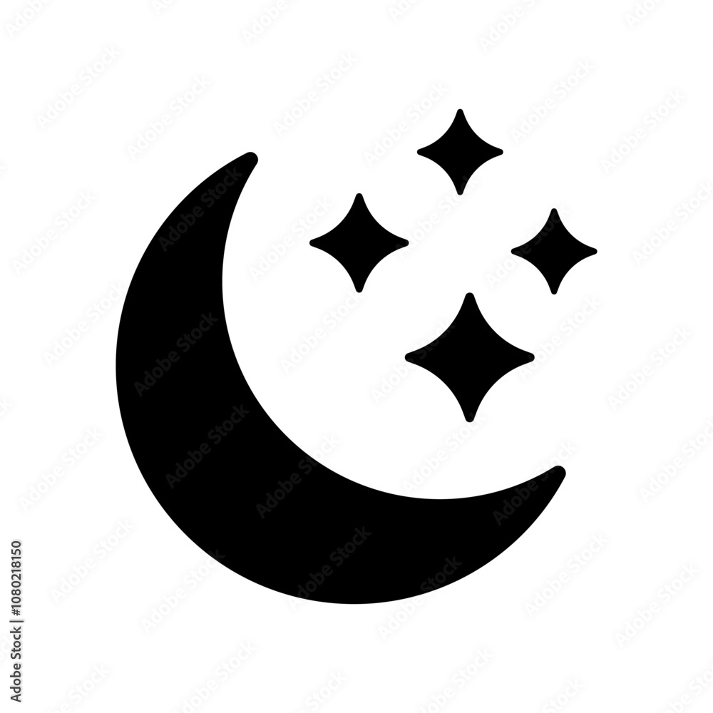 Crescent moon with stars icon on white background. Night icon. Crescent moon icon. Minimalist style. Crescent moon with stars icon on white background. Night icon. Crescent moon icon. Minimalist style.
