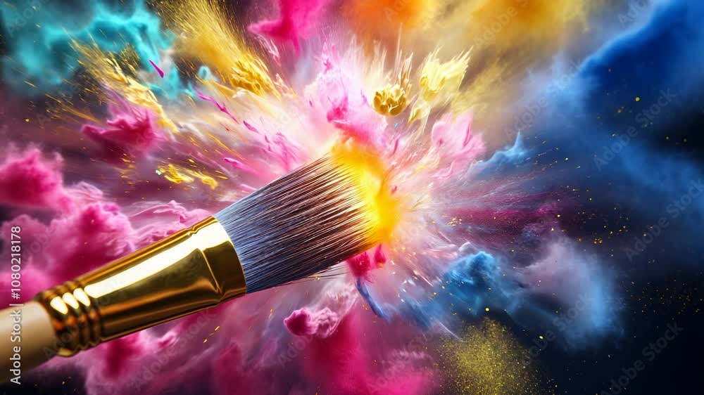 Paintbrush creating colorful powder explosion with hues on black background. Concept of creativity and artistic expression.