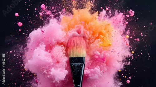 Paintbrush creating colorful powder explosion with hues on black background. Concept of creativity and artistic expression.