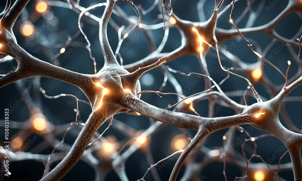 Microscopic view of a neuron with glowing connections.