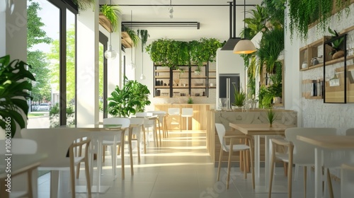 Stylish and botany interior of dining room with design modern home decor. Template.