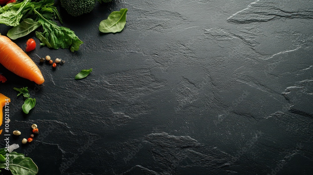 A variety of fresh vegetables and herbs arranged on a dark stone surface. A variety of fresh vegetables and herbs arranged on a dark stone surface.