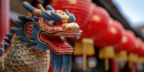 A vibrant dragon statue captures the essence of festivity with intricate details and colorful Chinese lanterns in the backdrop. photo