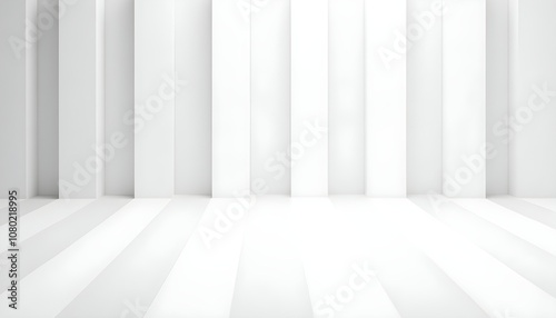 Minimalist white geometric background with vertical lines and shadows.