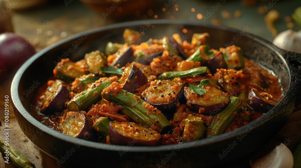 A vibrant dish of mixed vegetables cooked with spices in a traditional serving bowl. A vibrant dish of mixed vegetables cooked with spices in a traditional serving bowl.