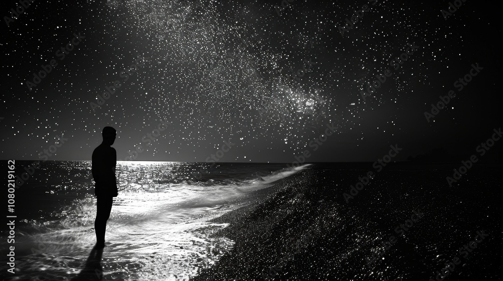 Obraz premium Serene Silhouettes at Shoreline Under a Starry Night Sky, Evoking Feelings of Peace and Tranquility Beneath Celestial Wonders and Ocean Waves
