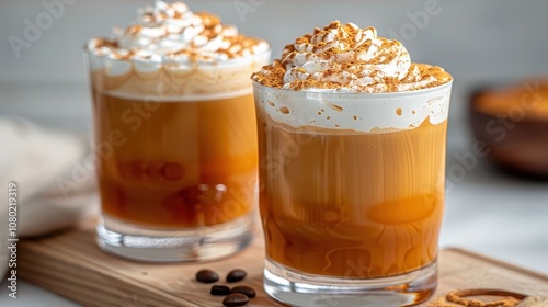 Tall glasses of creamy nitro cold brew coffee topped with whipped cream and cocoa powder served on a wooden board with coffee beans in the foreground
