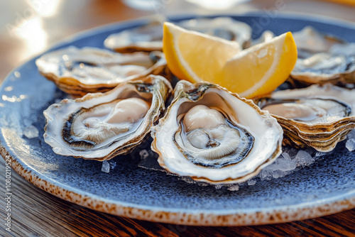 Fresh oysters served on a plate on rustic wooden surface with a whole lemon and lemon wedges for garnish.