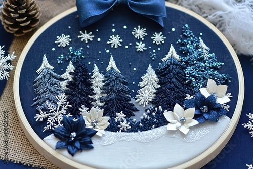 A neatly and prettily designed 3D embroidered scene of a winter forest with snowflakes in dark blue and white colors, displayed on an embroidery hoop photo