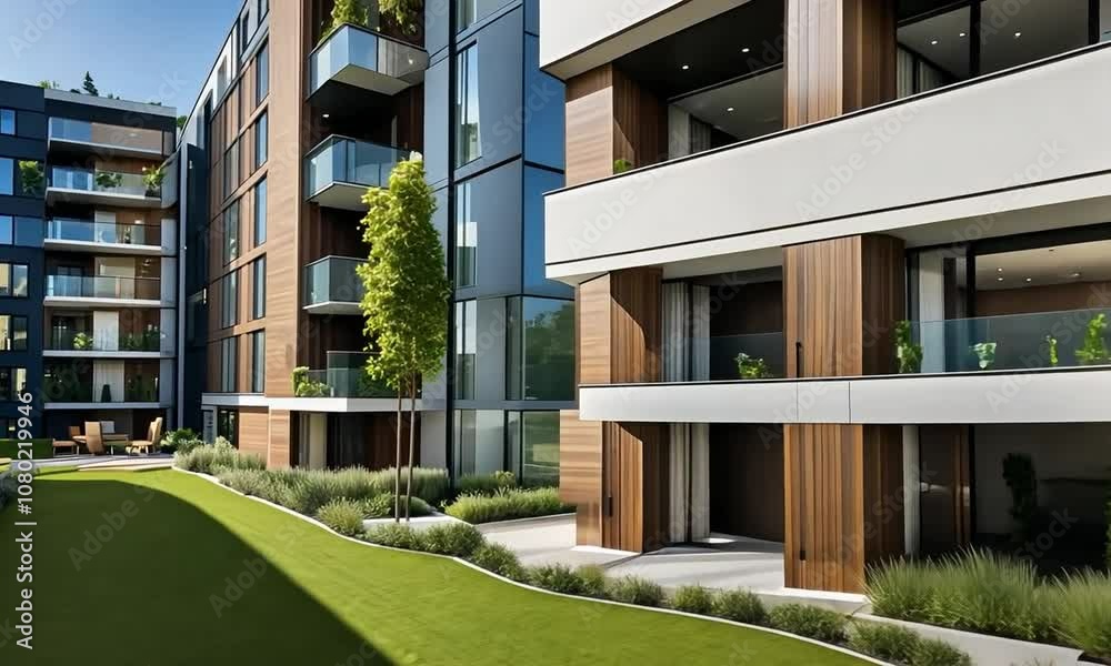 Modern apartment building with a courtyard and green lawn.