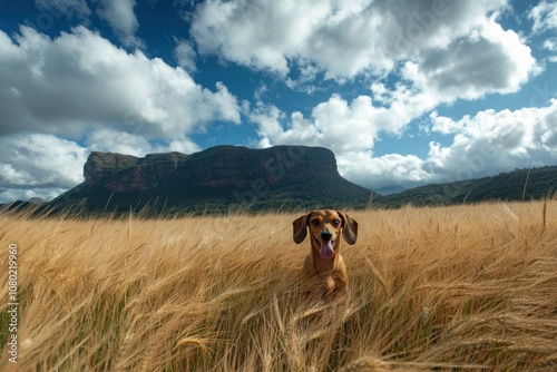 A playful dog stands in tall grass with a mountain backdrop under a cloudy sky.