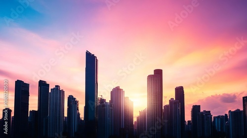 City skyline at twilight with a blend of natural and artificial lighting, high contrast, vibrant colors