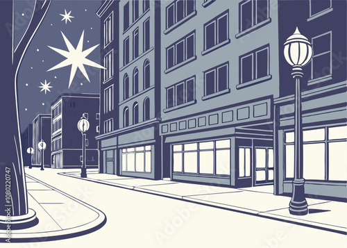 Retro Cityscape Illustration - Nighttime Building Scene.