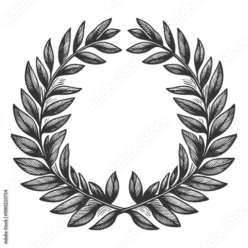 laurel wreath, symbolizing victory and honor, depicted in a detailed engraving style sketch engraving generative ai vector illustration. Scratch board imitation. Black and white image.