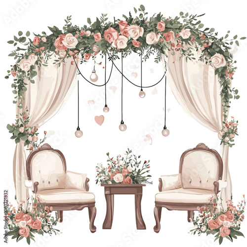 Wedding arch decorated with roses and chairs. Vector illustration..eps