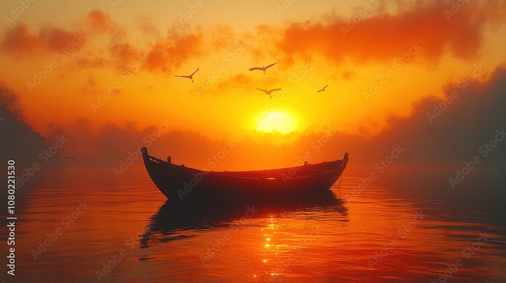 A serene sunset over calm waters with a boat and flying birds.