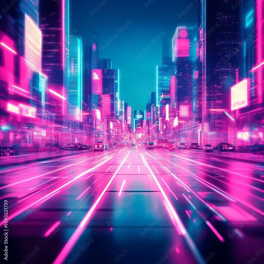 Futuristic neon-lit cityscape with intense artificial contrast, cyberpunk ambiance, vibrant glowing lights