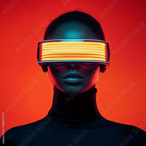 Futuristic portrait of a person wearing LED glasses, intense artificial lighting, high contrast