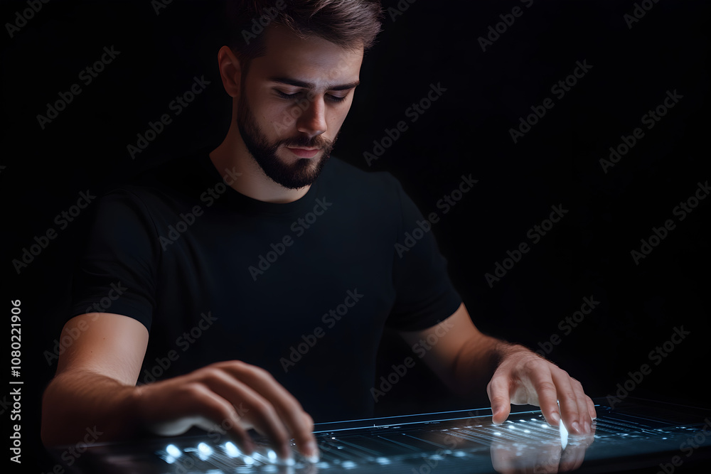 A musician composing music with a holographic mixing board in a professional studio setting. A musician using holograms for audio production.


