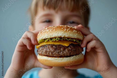 A joyful child holds delicious cheeseburger, showcasing vibrant colors of fresh ingredients. This inviting image captures essence of comfort food and happiness
