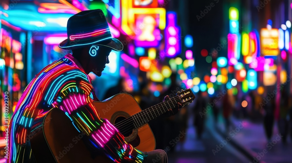 High-contrast image of a street performer lit by vivid neon signs, deep shadows, vibrant urban nightlife High-contrast image of a street performer lit by vivid neon signs, deep shadows, vibrant urban nightlife