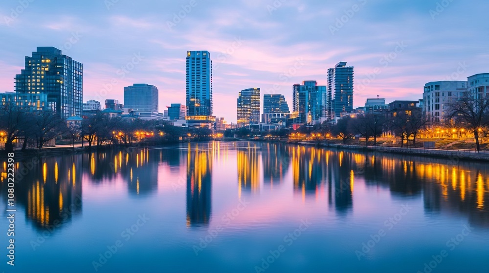 Fototapeta premium High-contrast shot of a city skyline reflecting on a river, intense artificial lighting, dynamic colors